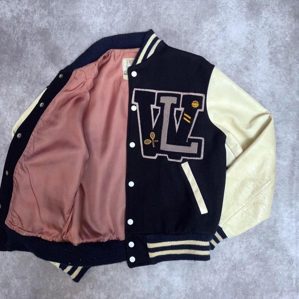 Varsity Bomber Jacket Navy Blue Empire Sporting Goods Leather Sleeve Letterman - Picture 3 of 7